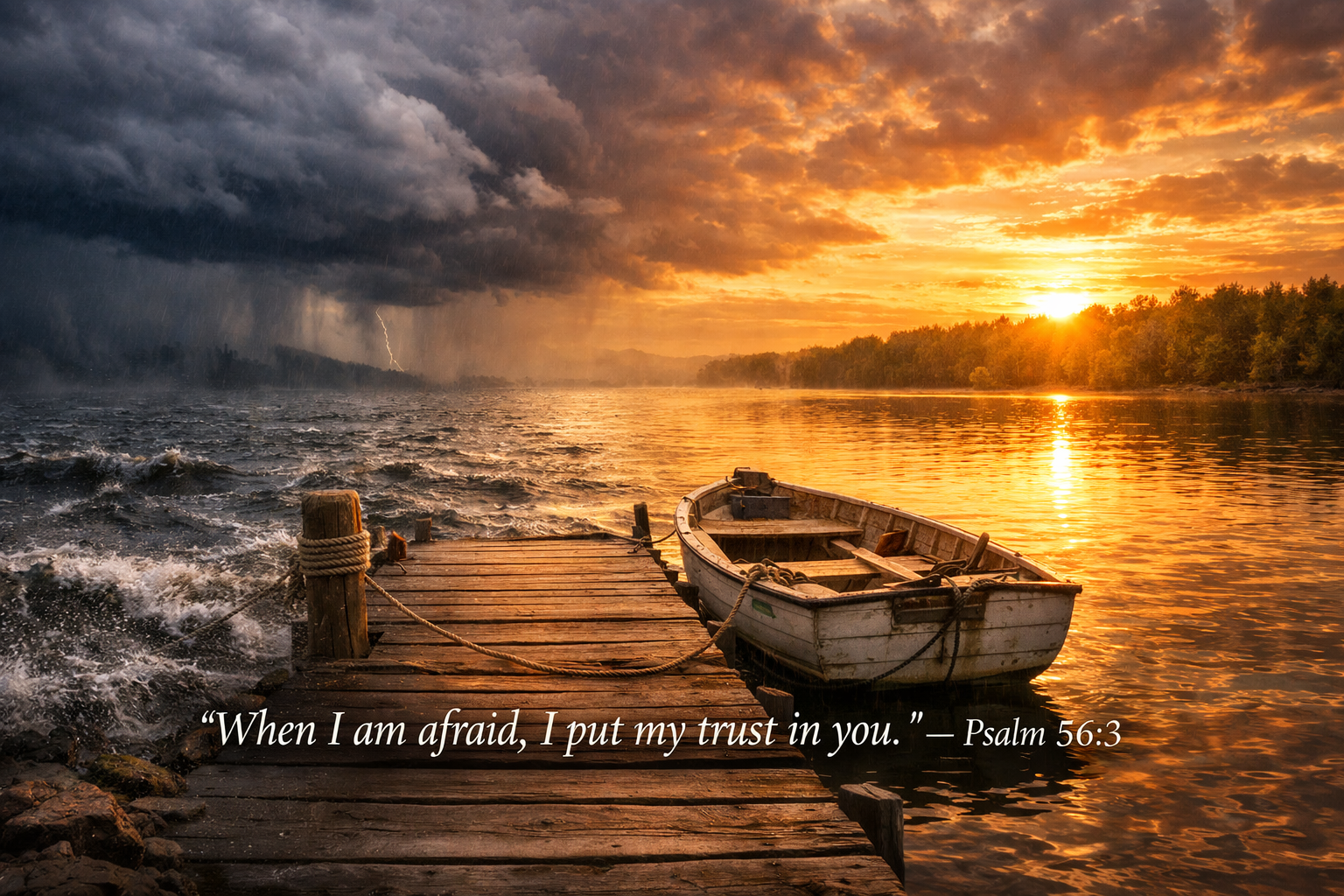Small rowboat tied to wooden dock on lake storm clouds retreating left golden sunset breaking through right water half rough half calm -- Psalm 56:3 wallpaper